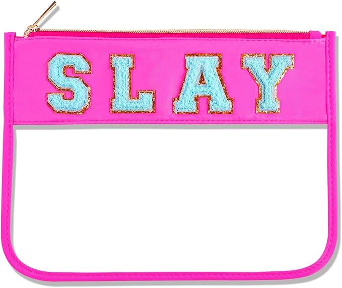 Slay Makeup Bag Slay Purse Slay Stuff Toiletry Zipper Pouch Chenille Letter Clear Zipper Pouch Sl... | Amazon (US)