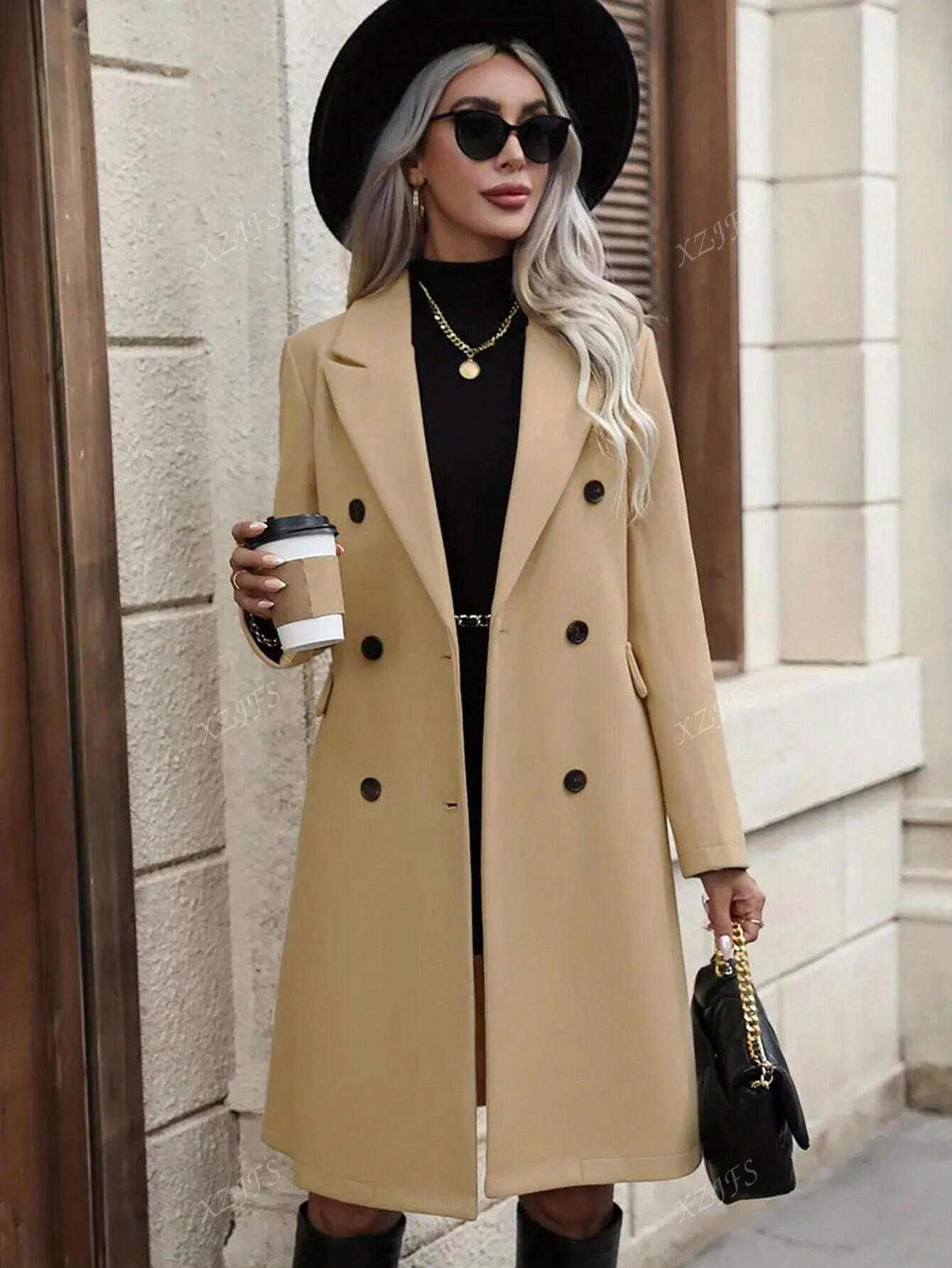 Women's Casual Solid Color Double-Breasted Coat, Autumn/Winter | SHEIN