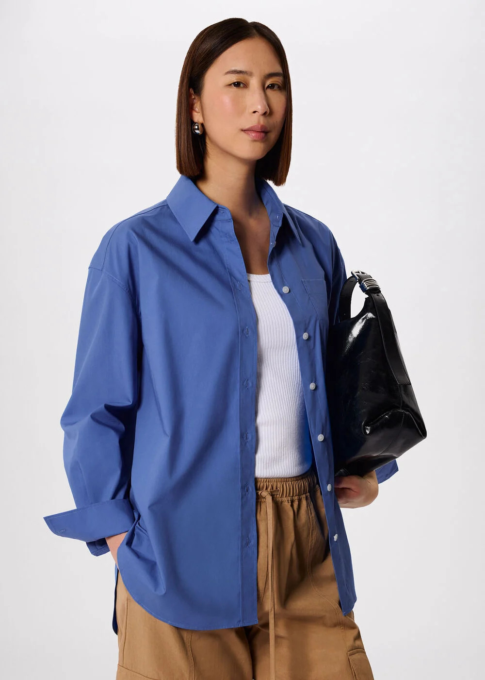 Blue Oversized Cotton Poplin Shirt | WHISTLES | Whistles UK | | Whistles