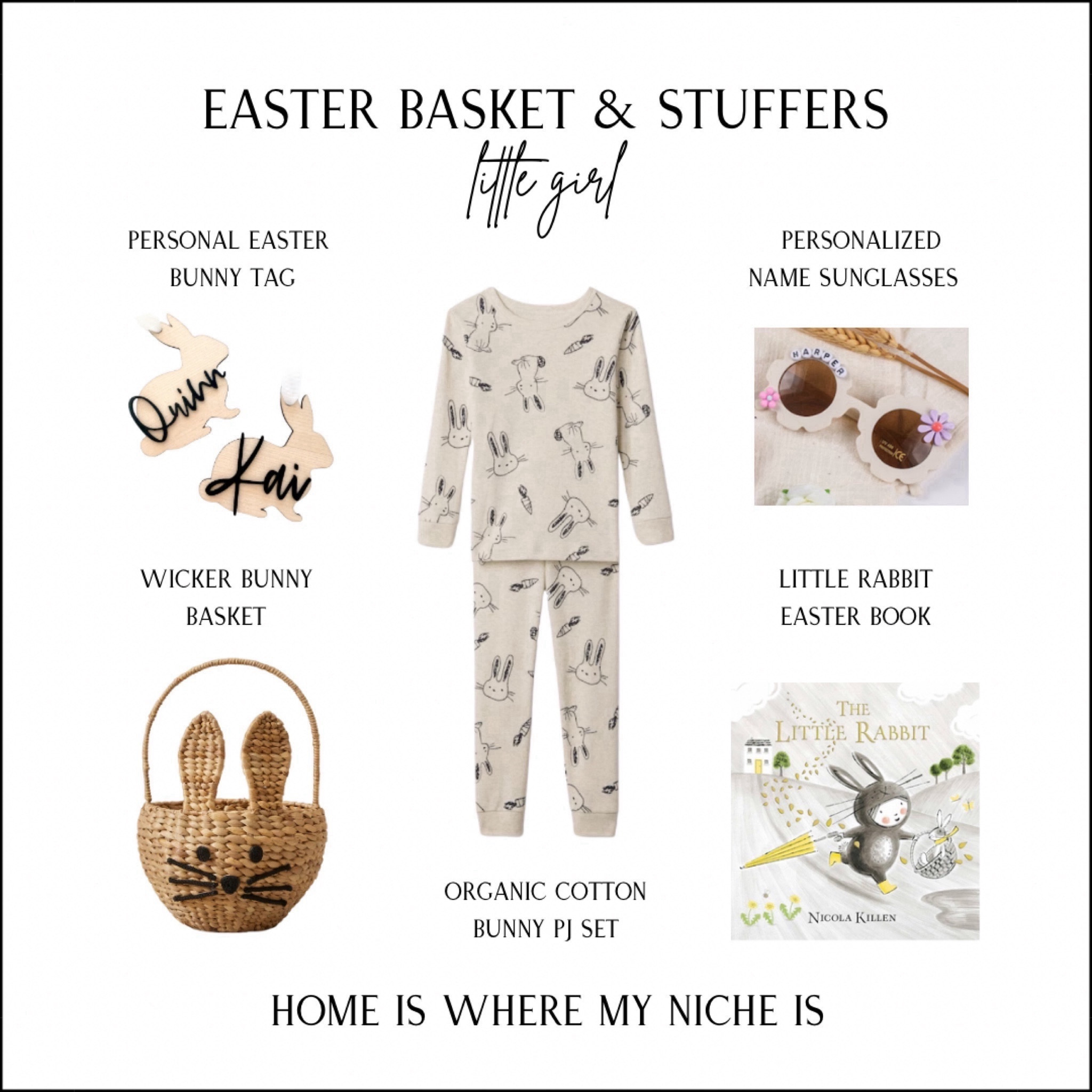 Little Girl Easter Basket & Stuffers
+ personalized bunny tag
+ wicker bunny basket
+ organic cotton bunny pj set
+ personalized name sunglasses
+ little rabbit Easter book

Amazon | Etsy | Canada

#LTKSeasonal #LTKfamily #LTKkids