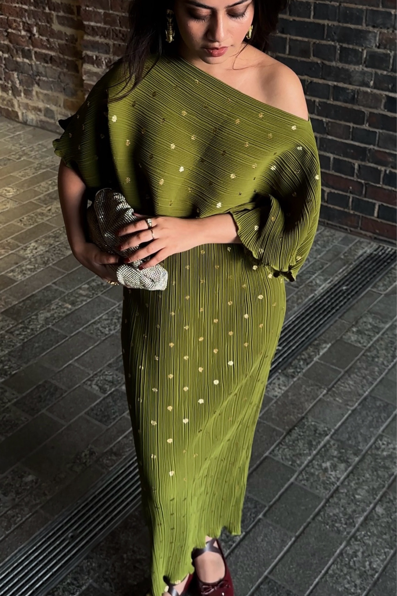 Wedding guest outfit, never fully dressed, olive maxi dress