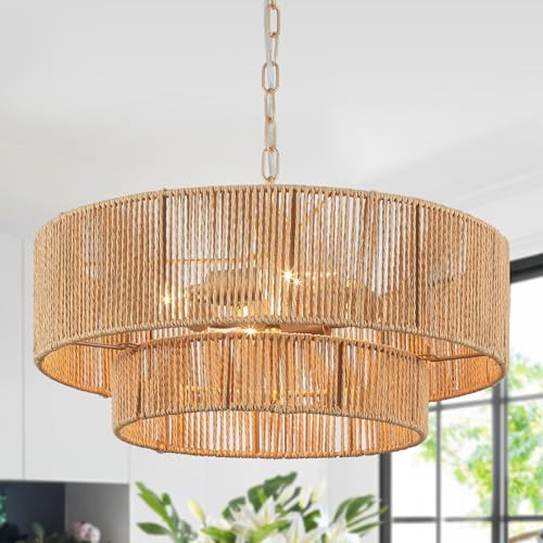 Bedoxin Boho Rattan Chandelier, 17.71” Rattan Pendant Light 4-Light with 2-Tier Hand-Woven Shade, Farmhouse Ceiling Light Fixture Chandeliers for Dining Living Room Bedroom Kitchen Island, UL-Listed | Amazon (US)
