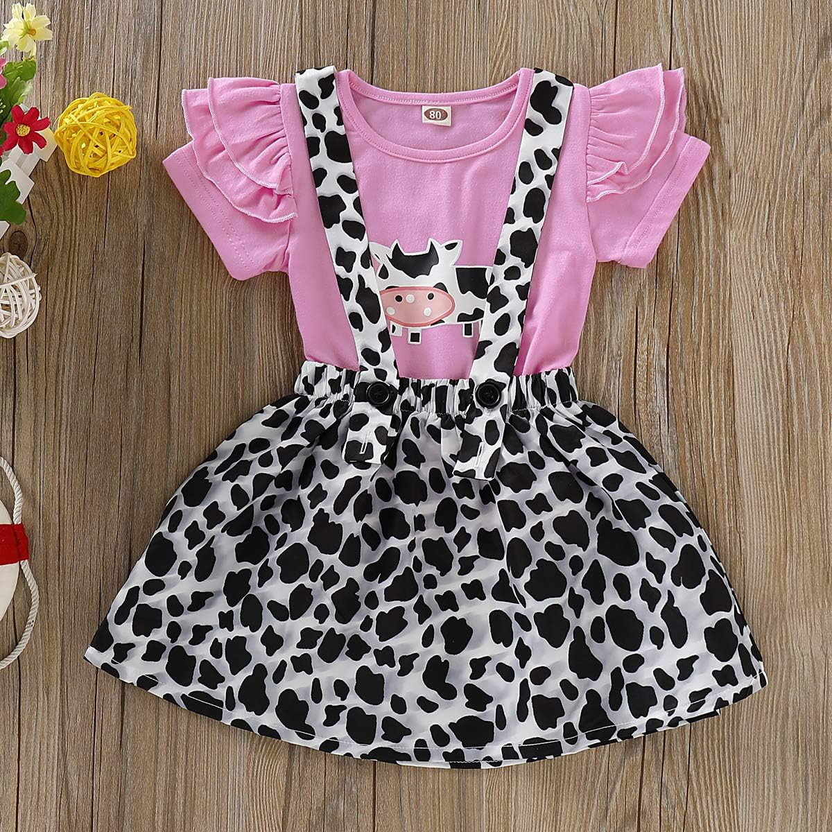 Toddler Baby Girl Ruffled Fly Sleeve Cow Top Shirts + Leopard Suspender Skirts Overall Dress Clot... | Amazon (US)