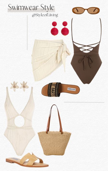 Swimwear style inspiration! One piece swimsuits. Sandals slides, bathing suit cover up sarong, earrings, woven bag totes, sunglasses. Vacation style!

#LTKSeasonal #LTKSwim #LTKStyleTip