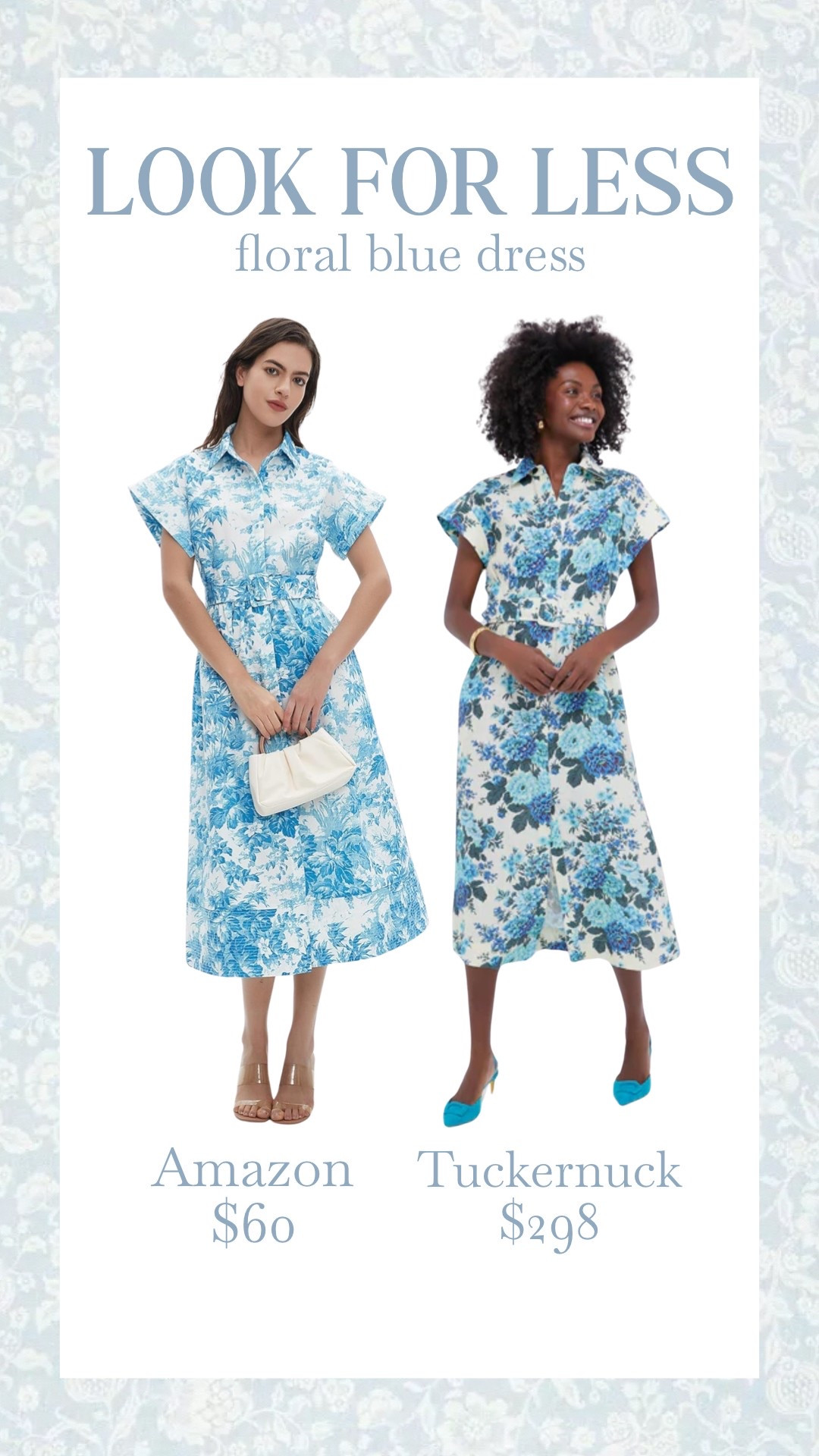 Obsessed with this gorgeous floral blue dress, and I found the perfect dupe! ✨ The Tuckernuck version is $298, but this Amazon find is only $60! They look super similar, and the color is absolutely stunning. Such a steal for a timeless and elegant look! 🩵 #LookForLess #BudgetFind #StyleDupes #dupe #designerdupe #amazon #amazonfind #dress #bluedress #spring #summer #blue #floral #easter #mothersday #springstyle #summerdress #dress 

#LTKFindsUnder100 #LTKStyleTip #LTKSeasonal
