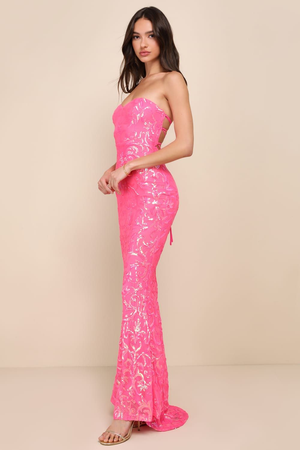 Glam Aura Hot Pink Iridescent Sequin Strapless Maxi Dress | Lulus