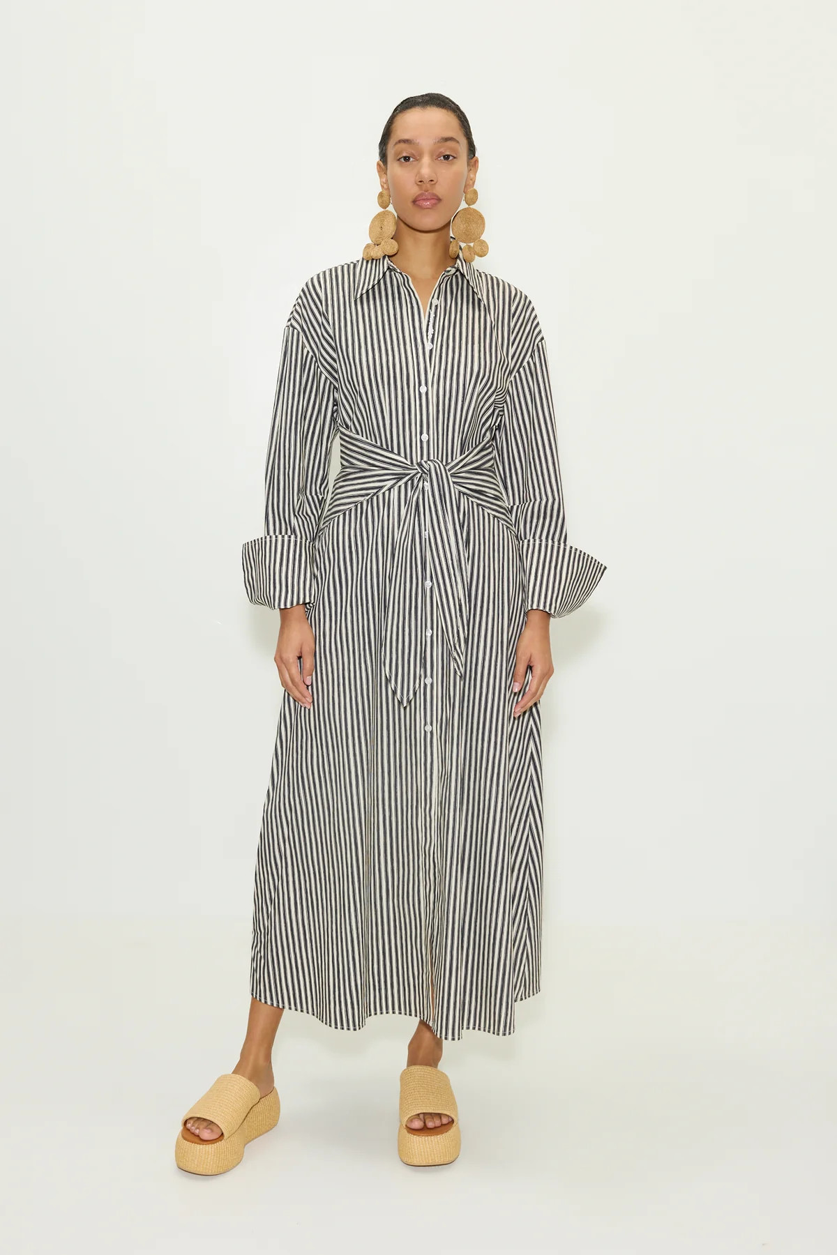 Loch
           Poplin Maxi Dress in Black/Rice Flour Stripe | Simon Miller