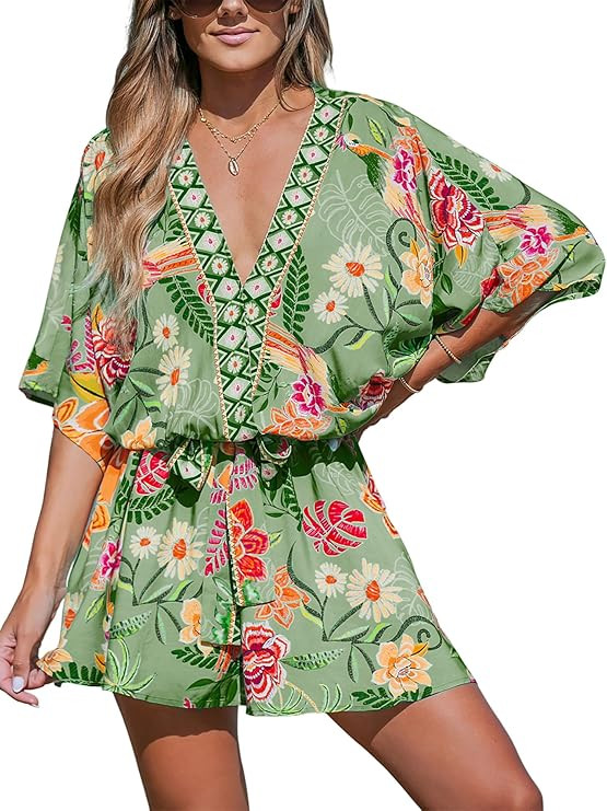 CUPSHE Women's Mini Dress V Neck Floral Half Dolman Sleeve Belted Loose Fit Short Summer Beach Dr... | Amazon (US)