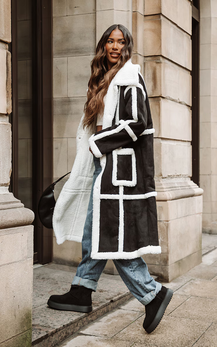 Black Faux Suede Square Borg Panelled Coat | PrettyLittleThing US