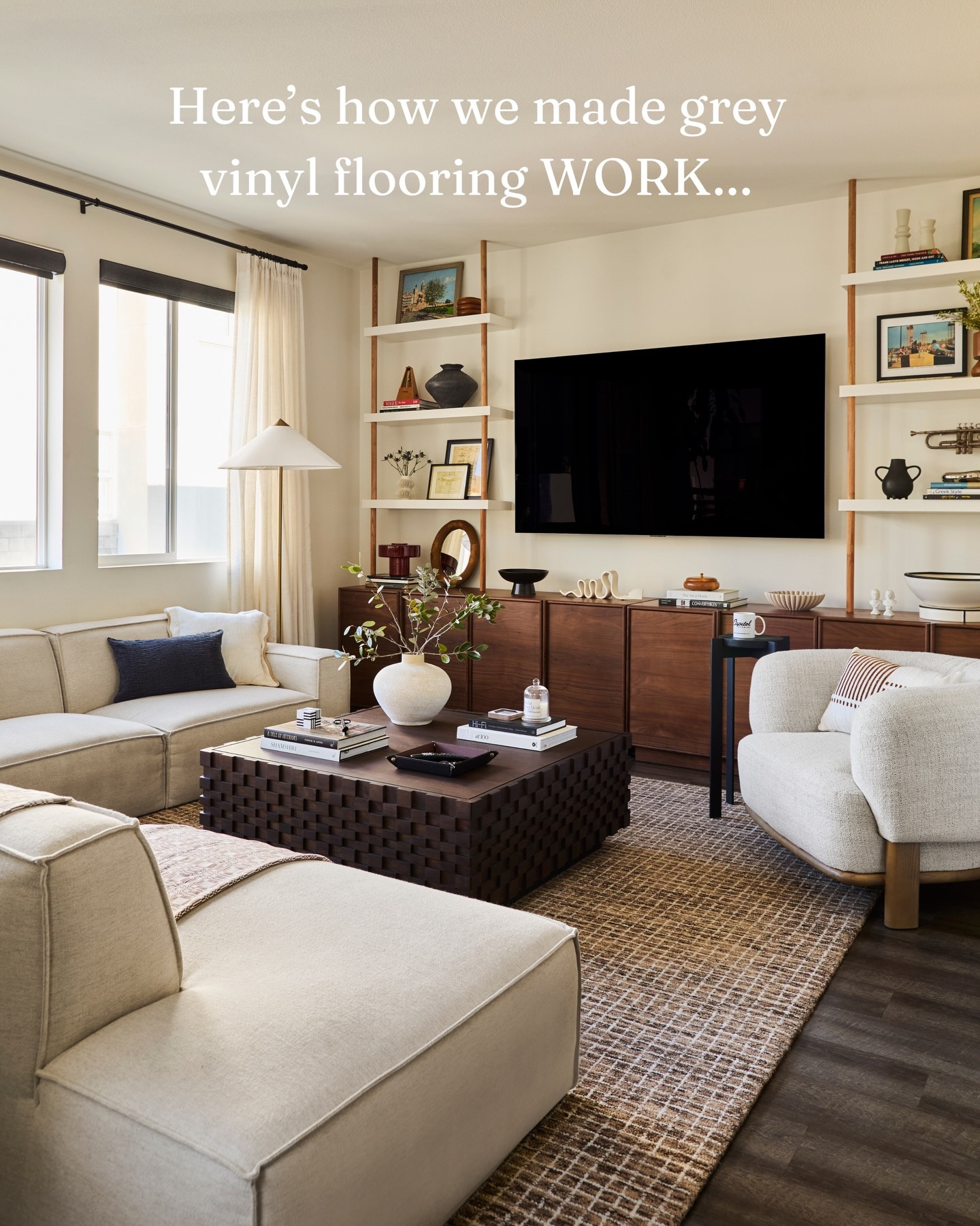 Got grey vinyl flooring?? No problem! My team member @malloryinteriors completely transformed her parents’ living room from builder-grade to custom. Comment ‘room’ to snag the links to these awesome @allmodern pieces & see more on how she designed the space :) | 📸 by @tramp.studio