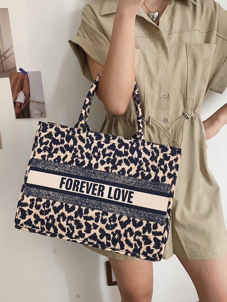 EMERY ROSE Letter & Leopard Graphic Tote Bag | SHEIN