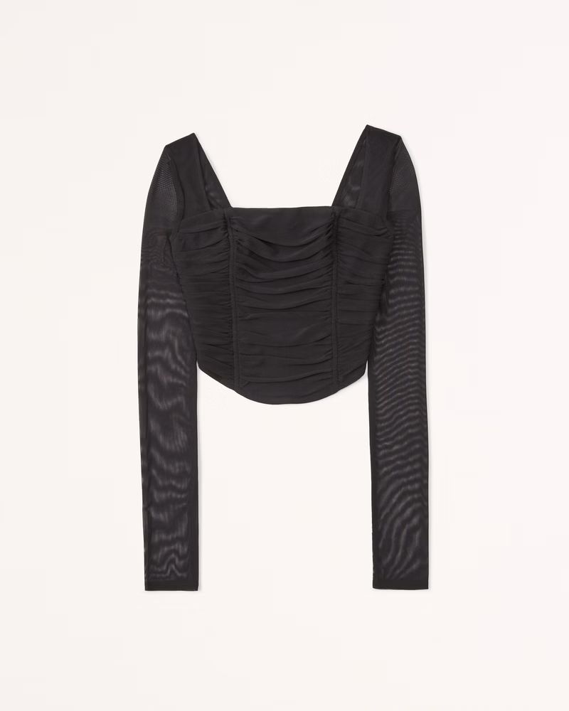 Long-Sleeve Ruched Mesh Corset Top | Abercrombie & Fitch (US)