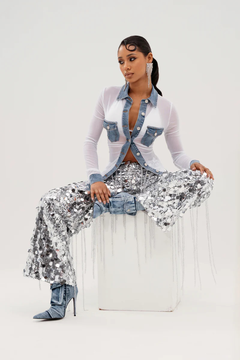 EXPENSIVE TASTE STRETCHY SEQUIN CHAIN PANTS | AKIRA