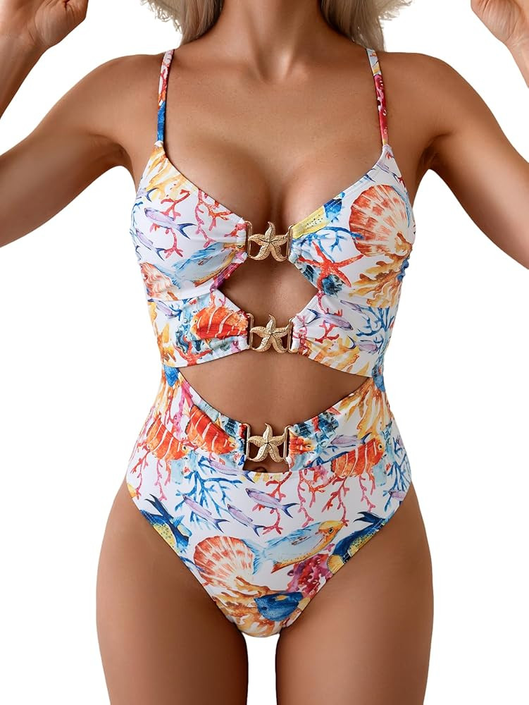 Eomenie One Piece Swimsuit for Women Cutout Monokini Sexy Bathing Suit Metal Swim Suit | Amazon (US)