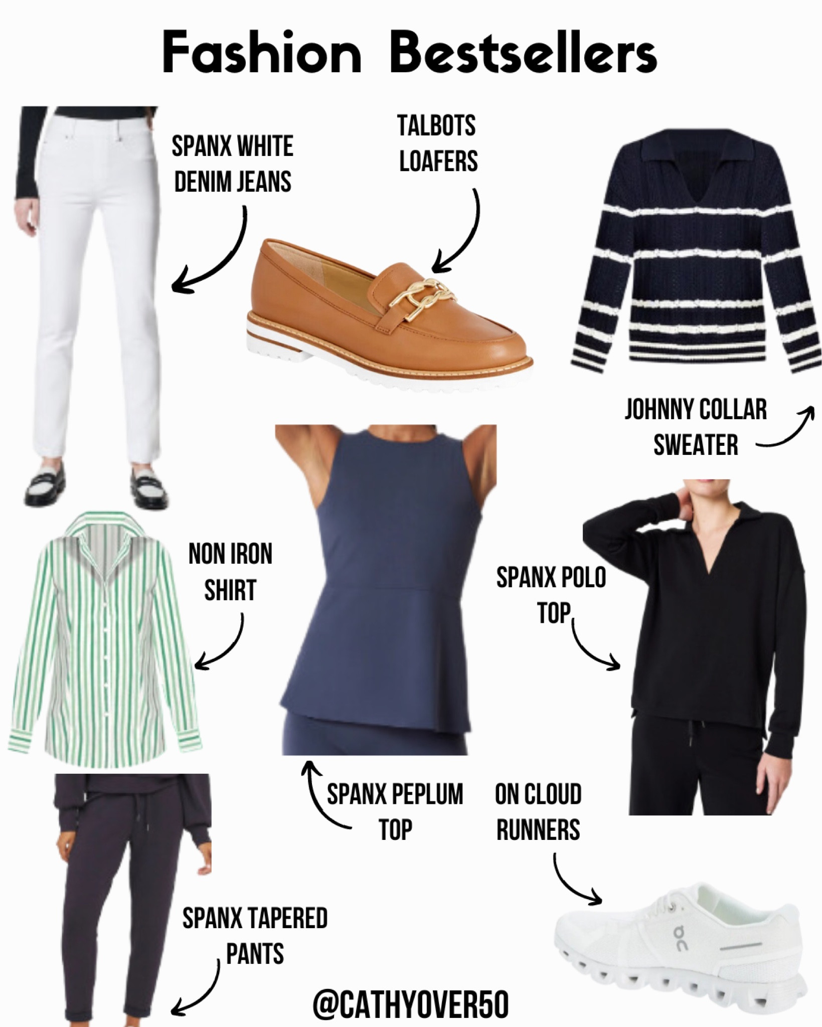 Fashion bestsellers! 
Spanx white denim jeans, Talbots loafers, Johnny Collar sweater, non iron shirt, peplum top, Spanx Polo Shirt, On Cloud sneakers, Spanx Tapered Pants.
#ltkover50
#spanx
#talbots
#loafers
#springoutfit
#petitefashion
#plussize
 #appleshape
#over50

#LTKfindsunder100 #LTKstyletip #LTKover40