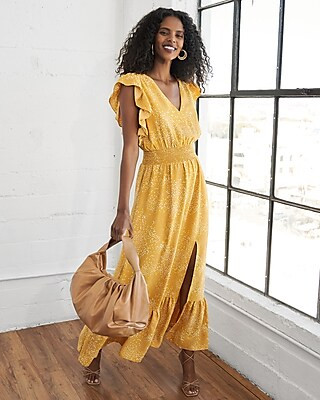 Printed Ruffle Sleeve Smocked Waist Maxi Dress | Express