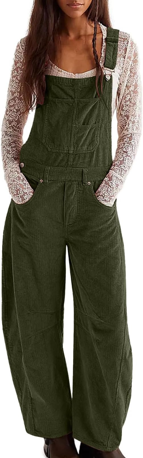HGps8w Corduroy Overalls for Women Barrel Wide Leg Bib Pants Adjustable Strap Workwear Jumpsuits ... | Amazon (US)