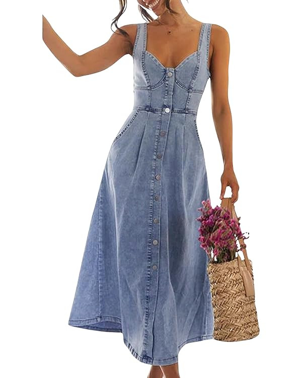 utcoco Denim Dress for Women Sleeveless Button Down Slim Fit Midi Jean Dresses for Women 2025 | Amazon (US)