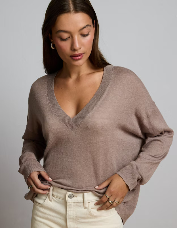 AE77 Premium Slinky Deep V-Neck Sweater | American Eagle Outfitters (US & CA)