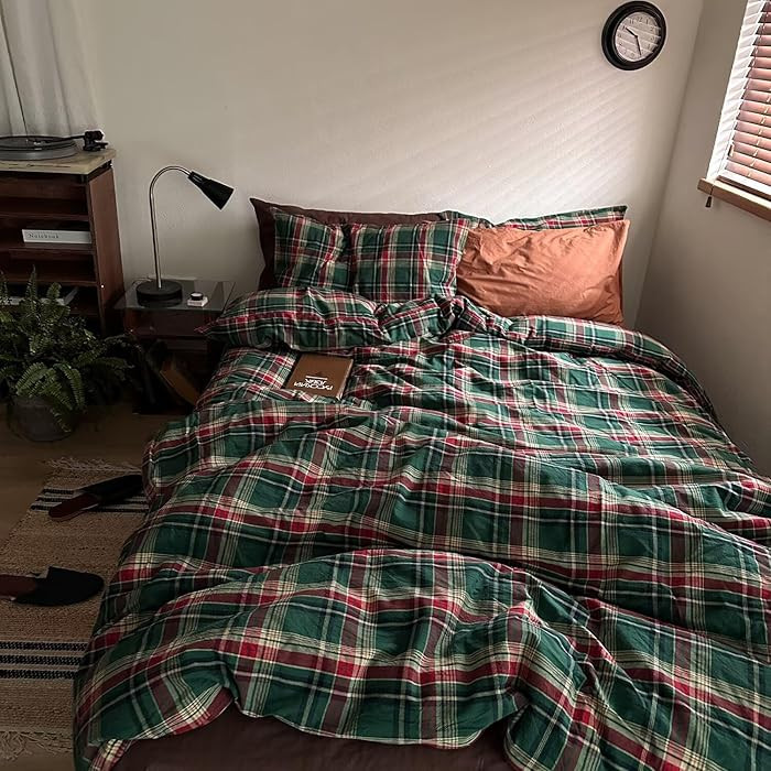 MKXI Vintage Buffalo Plaid Duvet Cover Set 3-Piece | 100% Washed Cotton Reversible Bedding Green/... | Amazon (US)