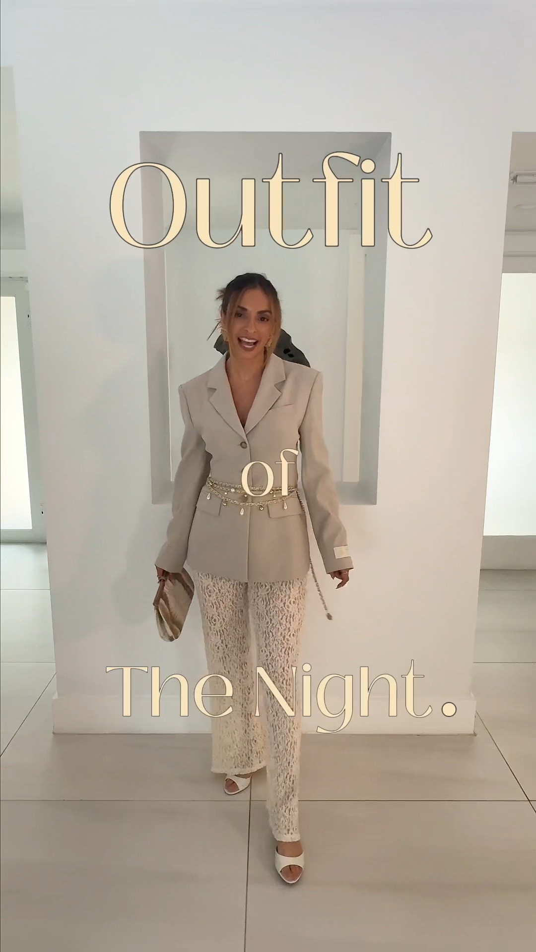 Outfit of the night ✨ A chic neutral look styled with a structured Aritzia blazer layered over elegant lace pants and paired with Mango kitten heel sandals. Accentuated with a bold blow chain belt and finished with Adina Eden earrings + a sleek clutch. A polished yet feminine cool girl outfit that transitions perfectly into evening.

#LTKParties #LTKStyleTip #LTKFallSale