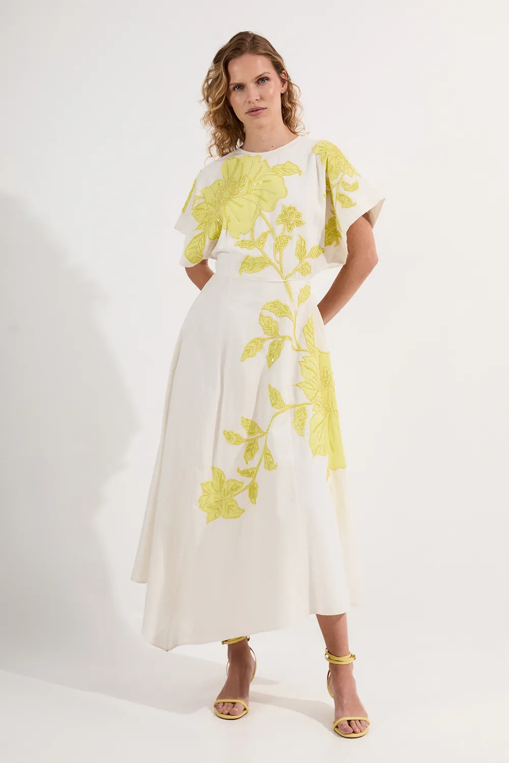 Dresses | Applique And Beaded Linen Woven Midi Dress With Tie Back Detail | KarenMillen | Karen Millen US