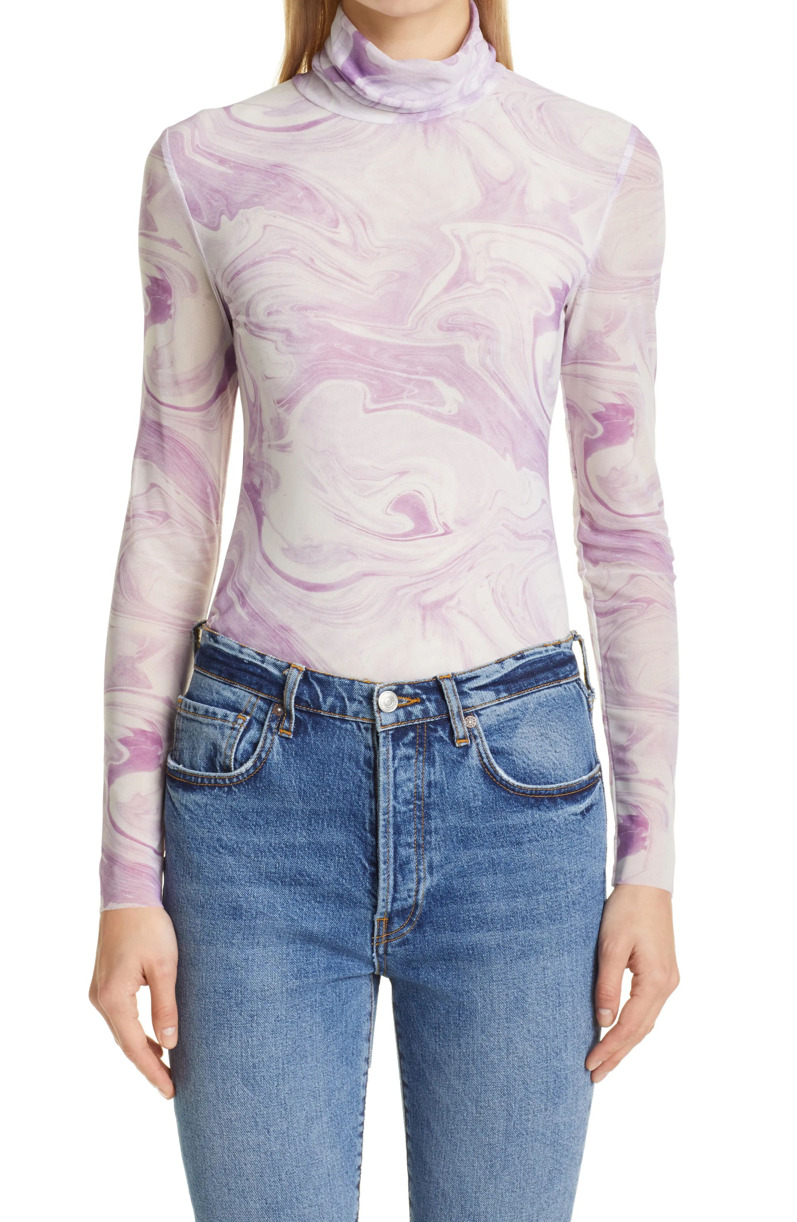 Women's Ganni Swirl Print Mesh Turtleneck Top, Size 6 US - Purple | Nordstrom