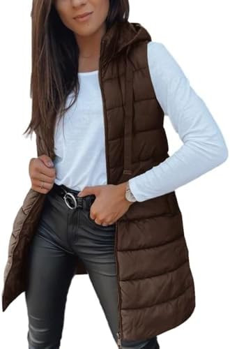 Veatzaer Women Long Vest Solid Color Sleeveless Hood Winter Puffer Vest Outwear | Amazon (US)
