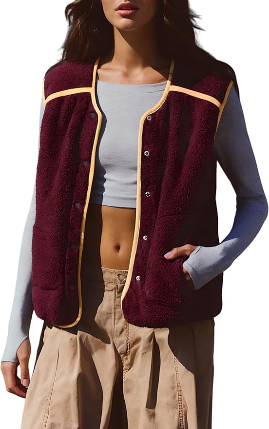 Qiaomai Womens Fuzzy Fleece Vest Casual Button Down Contrast Trim Sleeveless Sherpa Jacket Outerw... | Amazon (US)