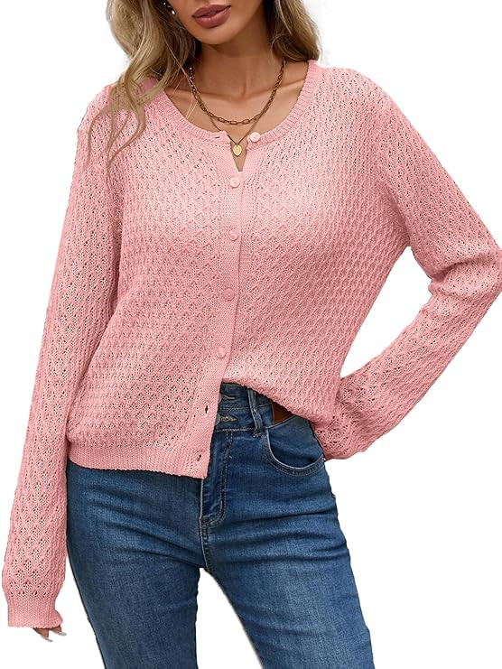 Womens Cropped Cardigan Sweater Button Down Hollow Out Knit Fall 2025 Lightweight Casual Long Sle... | Amazon (US)