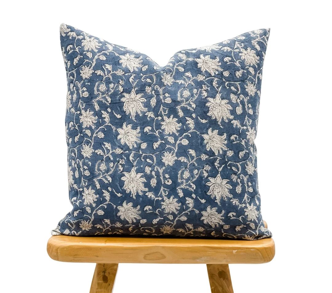 Designer Floral Navy Blue on Natural Linen Pillow Cover, Indigo Blue Pillow Cover, Boho Pillow, D... | Etsy (US)