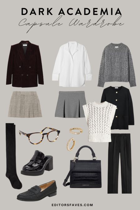 Dark academia capsule wardrobe outfit ideas. 

Dark academia is a fashion trend that takes inspiration from traditional European academia style, classic literature and the pursuit of learning - but with a witchy twist.

The overall look is very elegant, scholarly, and put-together, but with a touch of darkness or mystery.

#darkacademia #backtoschool #fallfashion 

#LTKstyletip #LTKBacktoSchool #LTKunder100