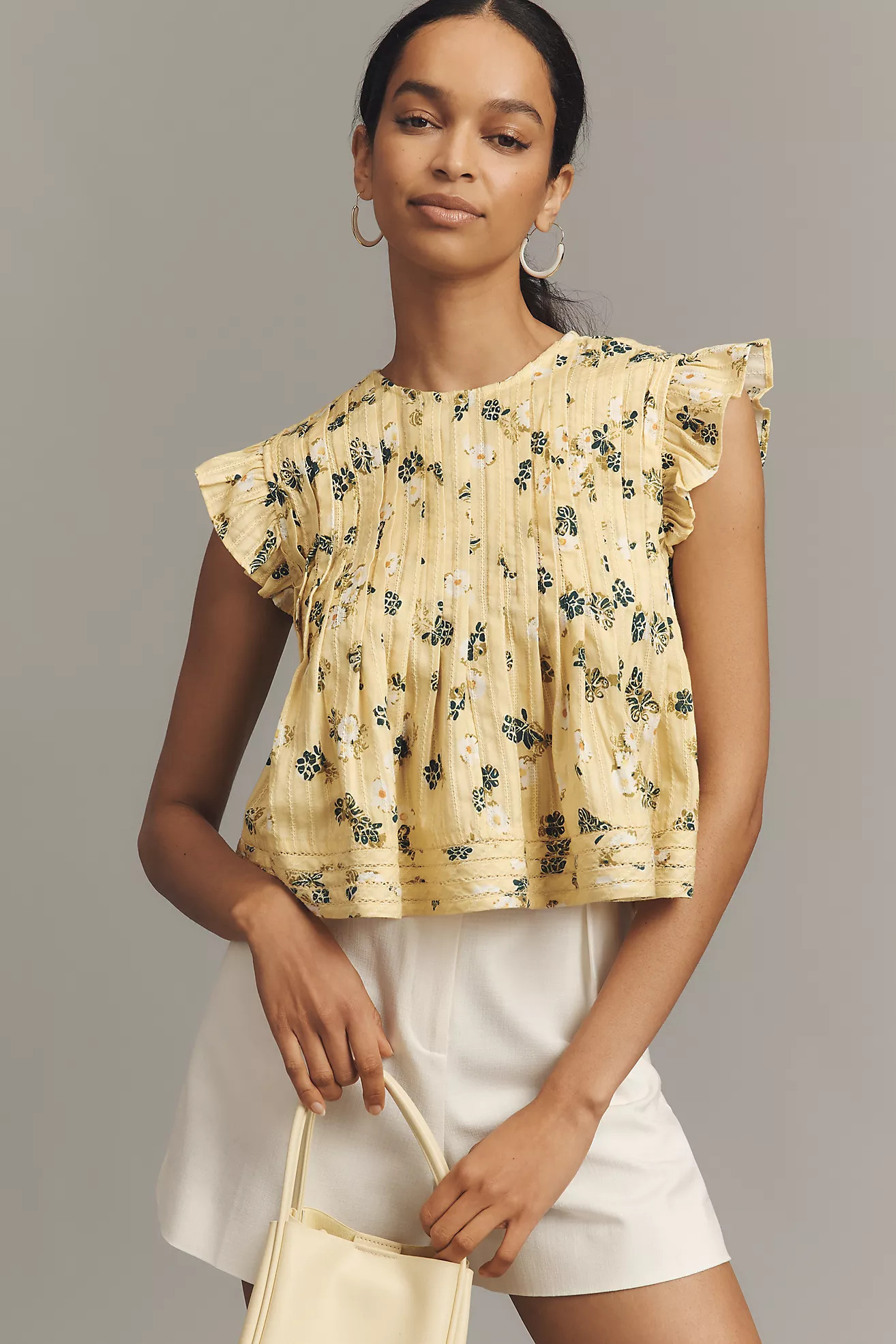 Pilcro Short-Sleeve Pleated Babydoll Blouse | Anthropologie (US)