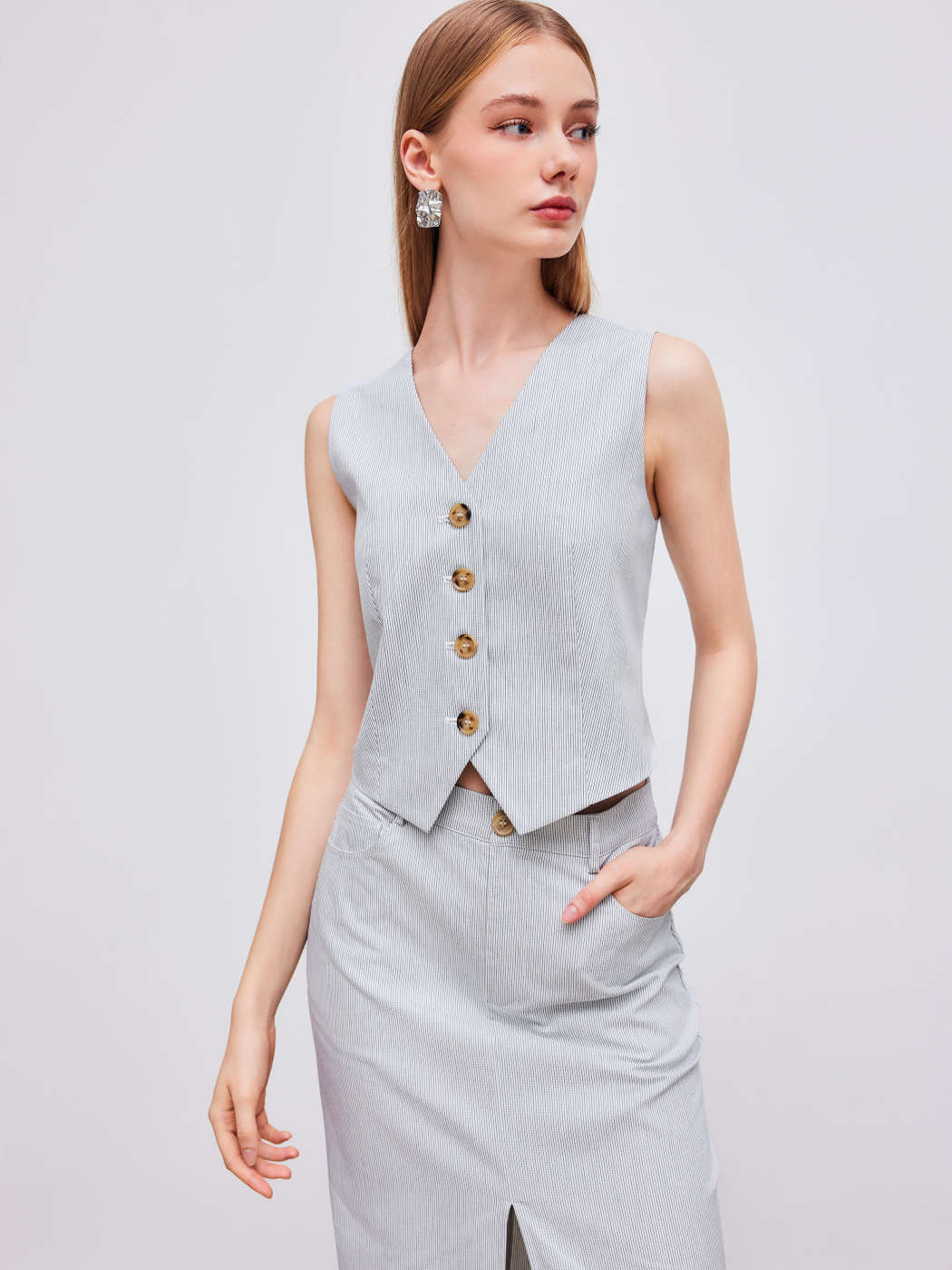 Cotton-blend V-neck Striped Blazer Vest | Cider