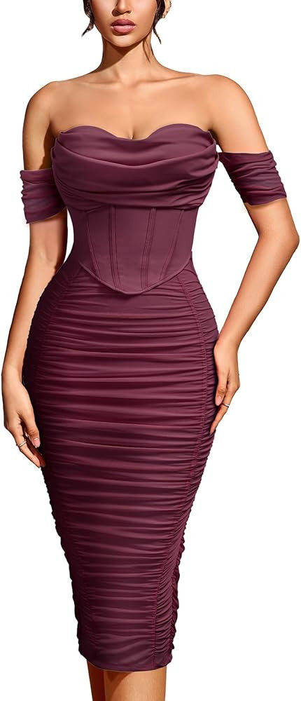CurvySweet Women's Off The Shoulder Midi Dress Built-in Bra Ruched Corset Bodycon Spring Cocktail... | Amazon (US)