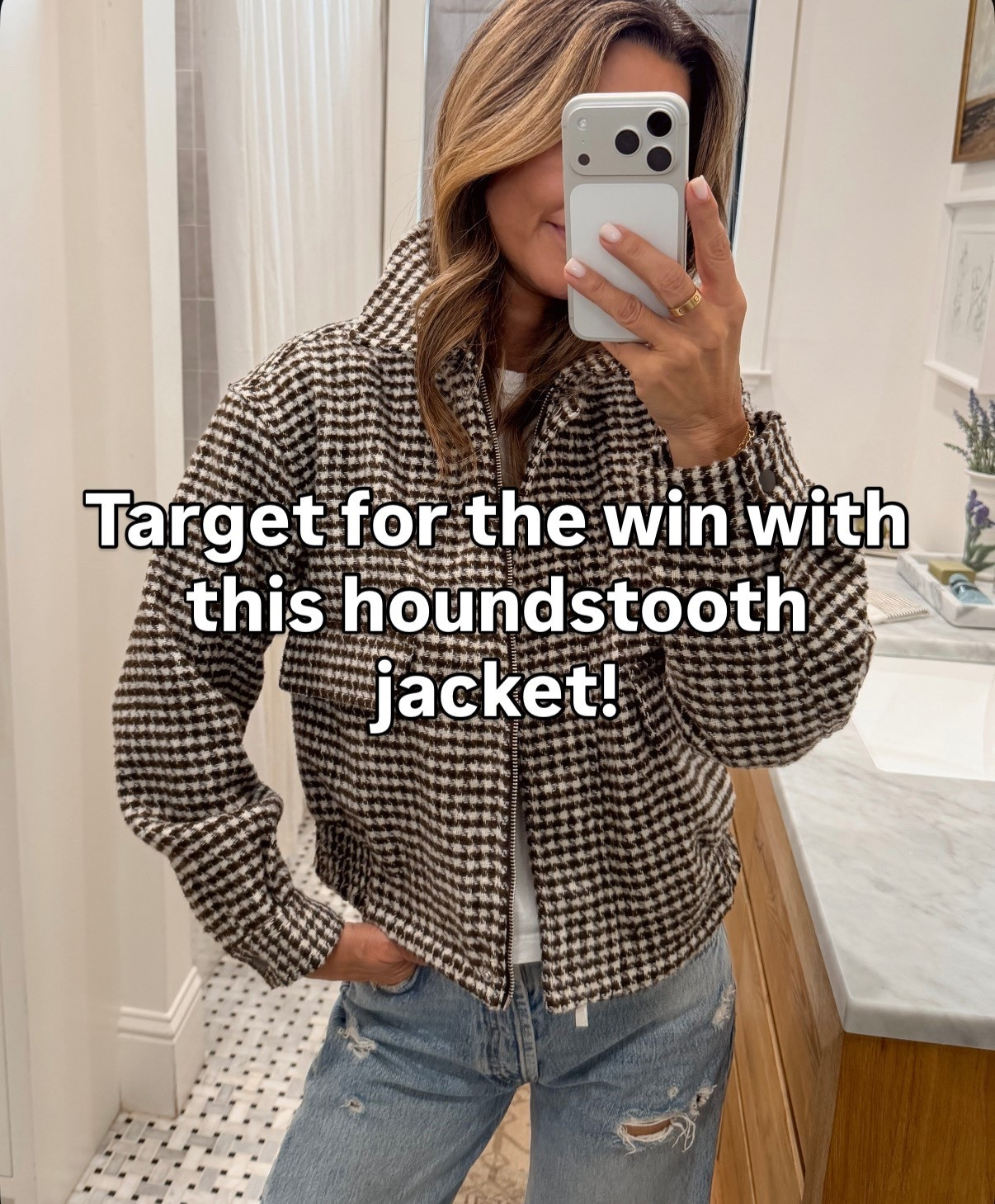 Target houndstooth jacket is 10/10 sz XS 
-jeans are an old favorite. 

#LTKSeasonal #LTKOver40 #LTKFindsUnder50
