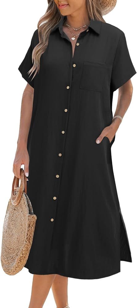 Zeagoo Womens Dress Summer Casual Short Sleeve Button Down Shirt Dress Beach Cover Up Dress with ... | Amazon (US)