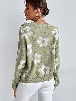 OYOANGLE Women's Ribbed Knit Long Sleeve Top Floral Drop Shoulder Loose Sweater | Amazon (US)