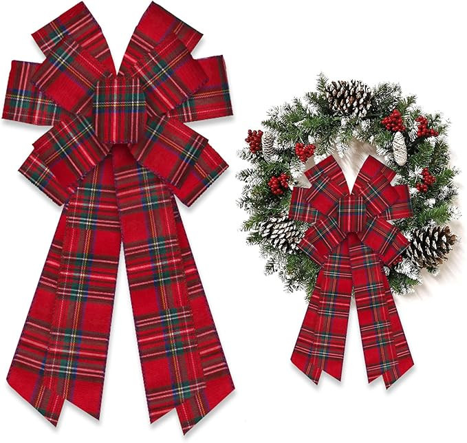 Large Burlap Red Green Plaid Bow for Wreath, Christmas Tree Topper, Front Door Party Decoration, ... | Amazon (US)