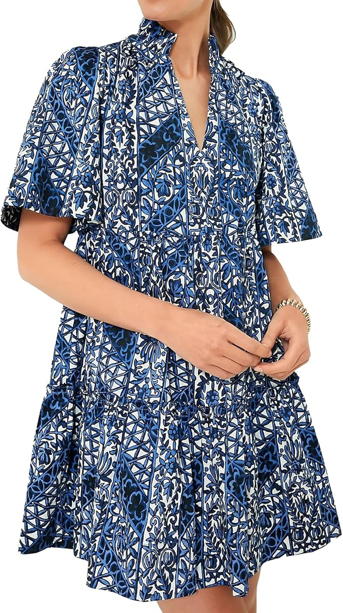 Womens 2024 Summer Mini Dress V-Neck Short Sleeve Blue Floral Sundress Flowy Swing A-Line Casual ... | Amazon (US)