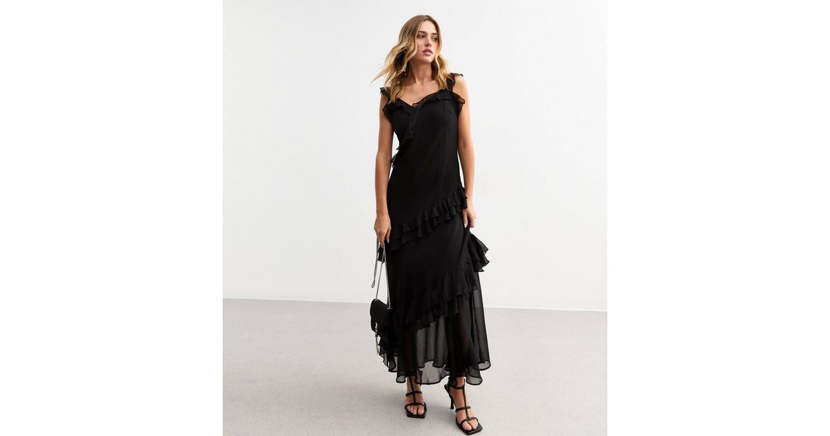 Black Asymmetric Ruffle Trim Midi Dress | New Look | New Look (UK)