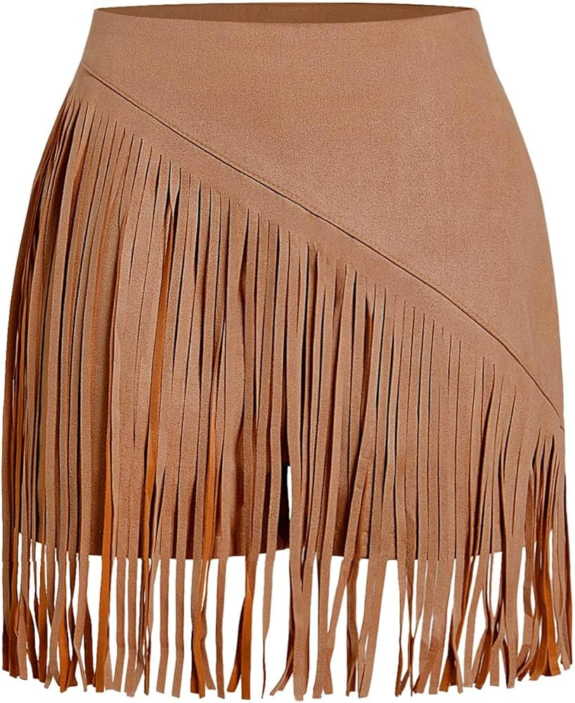 SweatyRocks Women's Cowgirl Fringe Skirts Faux Suede Western Mini Skirt Country Concert Outfits | Amazon (US)