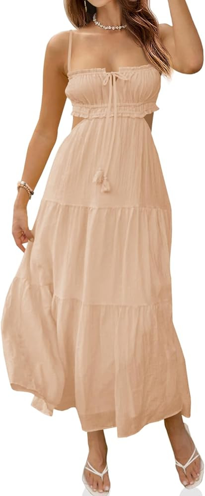Fisoew Women's Spaghetti Strap Maxi Dress Summer Sleeveless Side Cut Out Dress Casual Boho Backle... | Amazon (US)