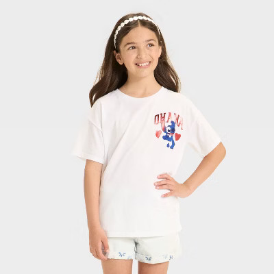 Girls' Short Sleeve 'Ohana' Oversized T-Shirt - Cat & Jack™ + Disney White M: Cotton Jersey, Cr... | Target