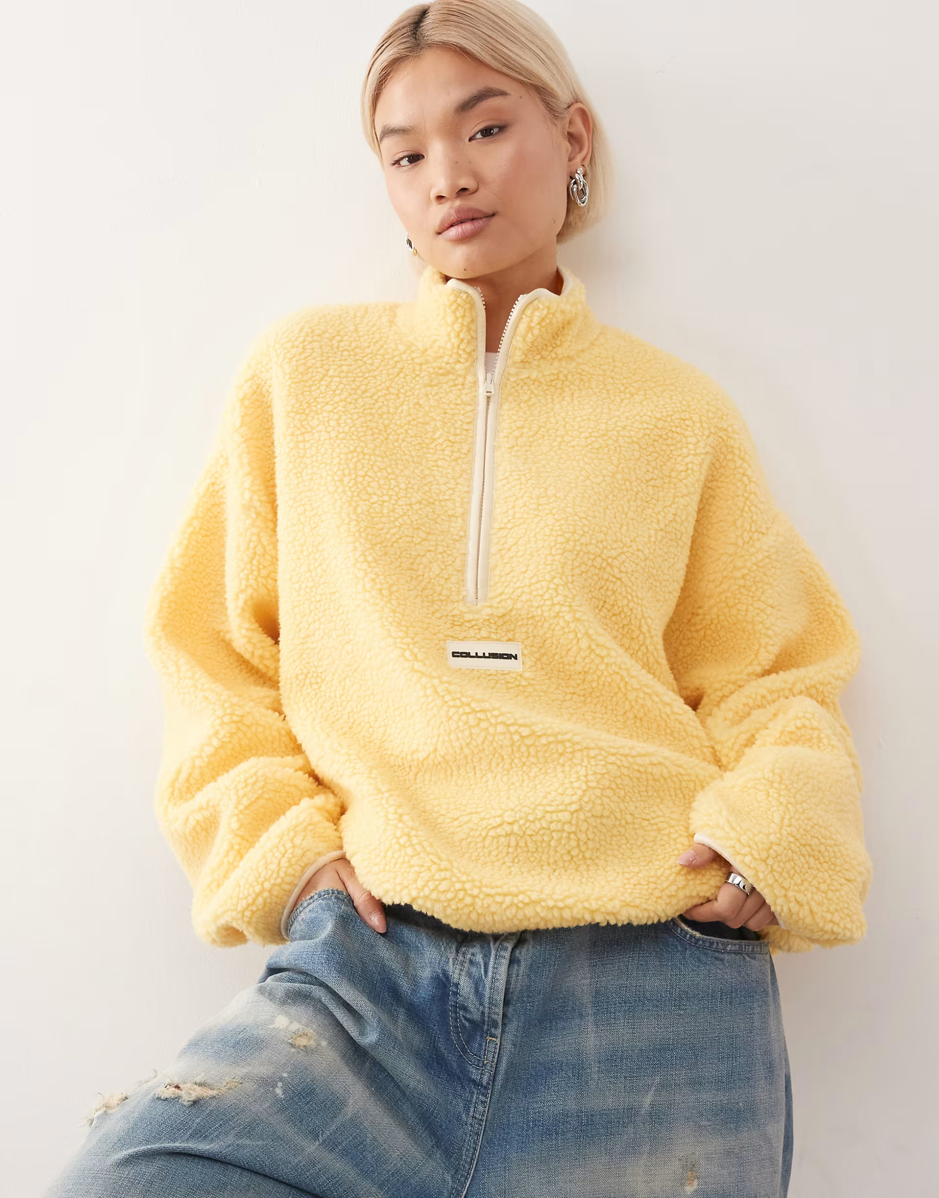 COLLUSION fleece quarter zip in buttermilk yellow | ASOS (Global)