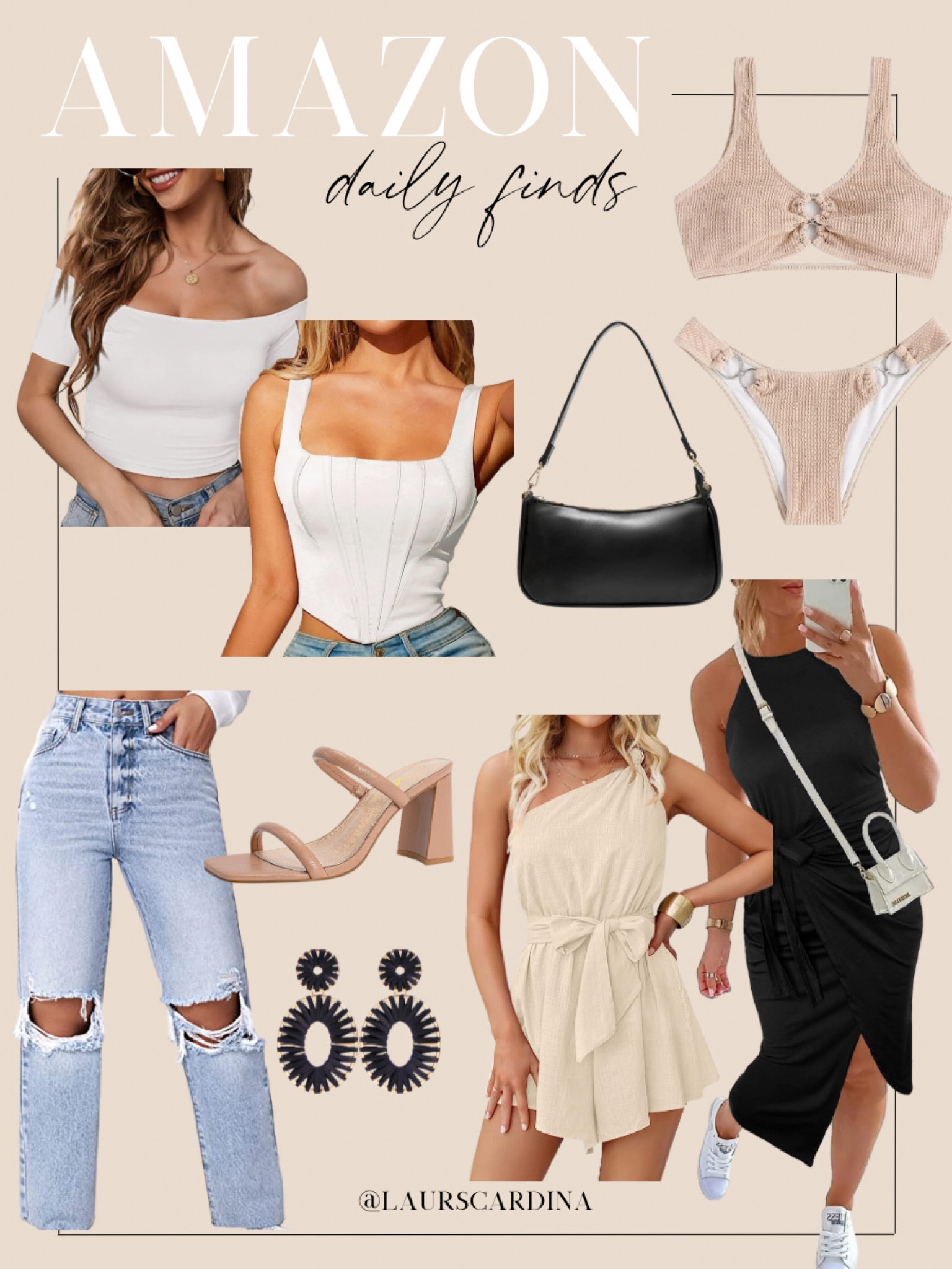 Today’s daily finds from Amazon include two white summer tops, a neutral two piece bikini, ripped straight leg jeans, nude strappy heels, dangling boho earrings, a black long dress, cream tie waist mini dress, and black shoulder bag  

#LTKswim #LTKunder50 #LTKstyletip