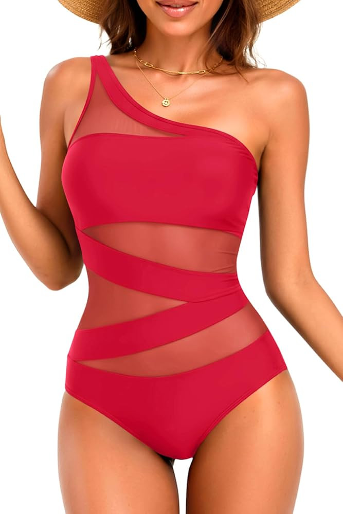 Tempt Me Women One Piece Swimsuit - One Shoulder Bathing Suits Sexy Cutout Mesh Swimwear | Amazon (US)