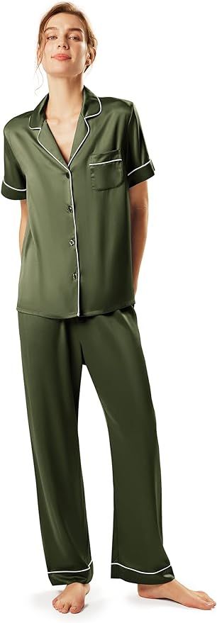 AW BRIDAL Womens Satin Pajama Set Soft Short Sleeve Silk Pajamas Button Down Loungewear Sleepwear... | Amazon (US)