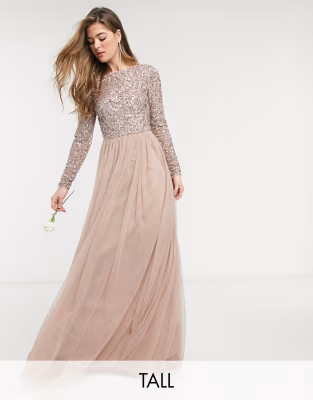 Maya Tall Bridesmaid long sleeve v back maxi tulle dress with tonal delicate sequin in taupe blus... | ASOS (Global)