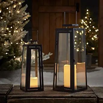 Lights4fun, Inc. Set of 2 Black Metal Battery Operated 15" & 12" Tall LED Flameless Candle Lanter... | Amazon (US)